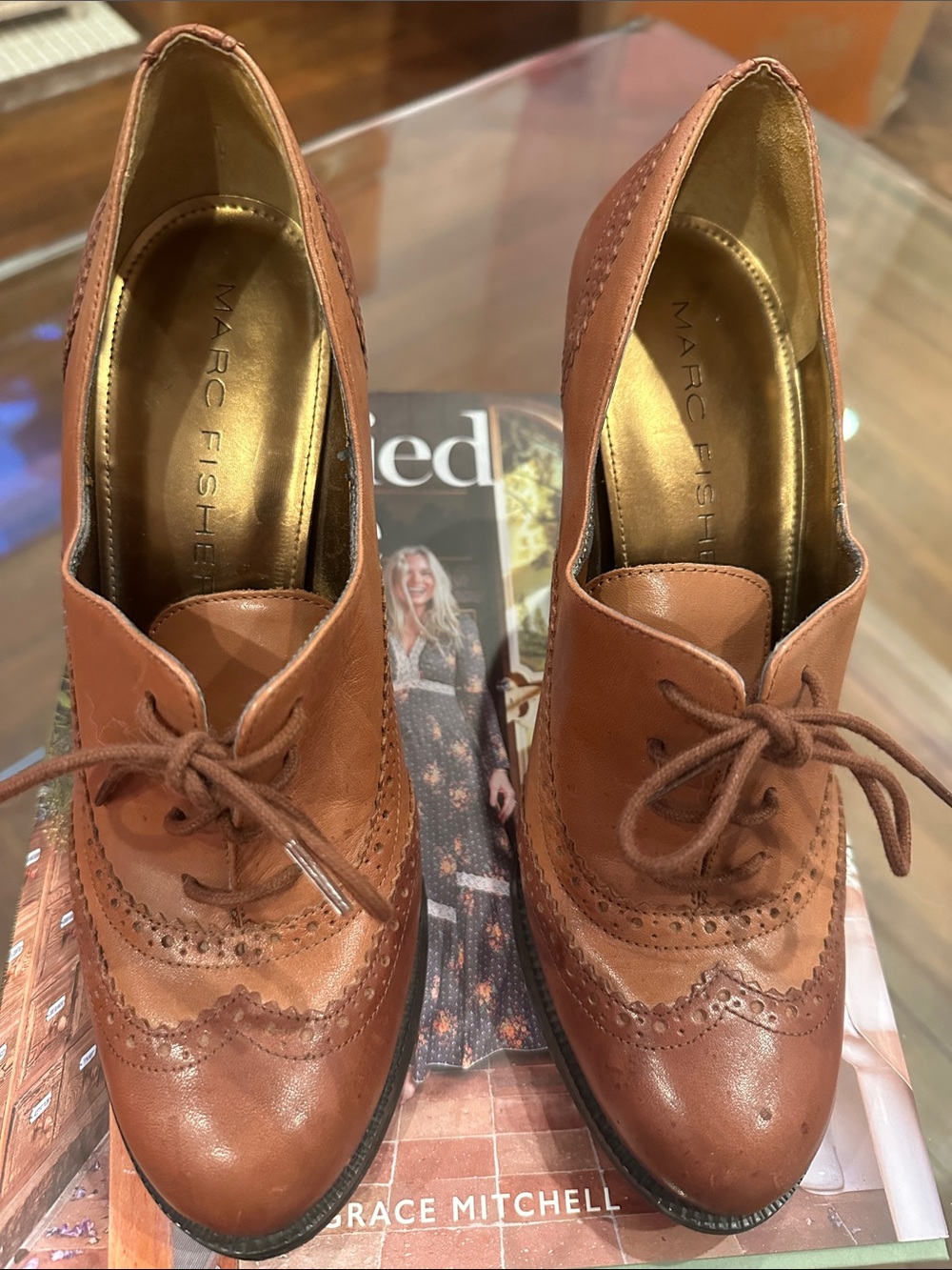 Marc Fisher Tan Leather Lace-Up Wingtip Boots
